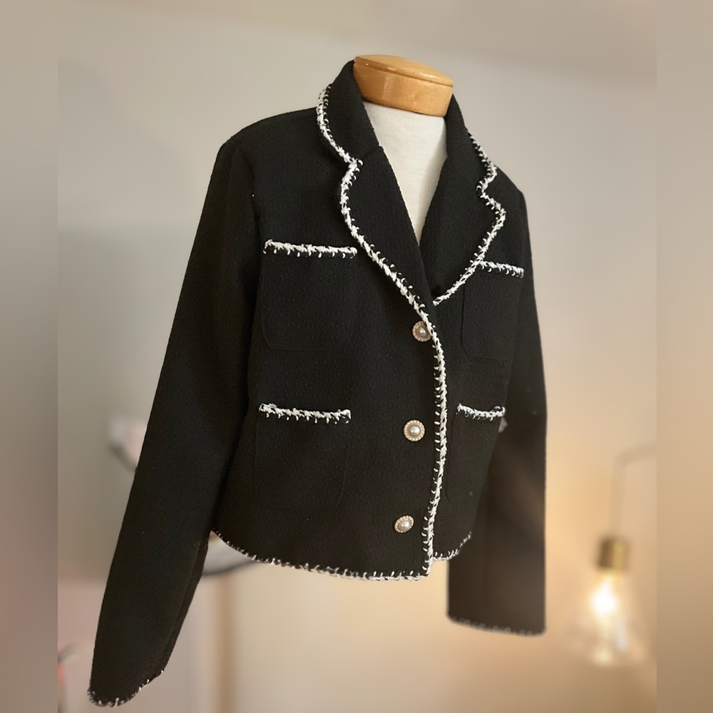 Ellen Tracy Black Boucle Blazer Pearl Buttons NWT L French Style Tweed Trim - Picture 2 of 14